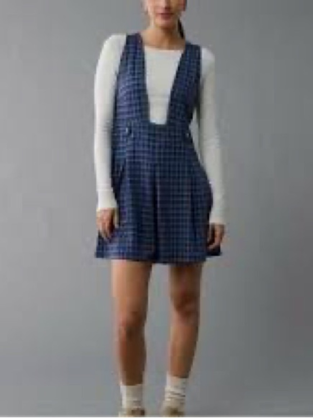 AEO Plaid Indigo Pinafore Mini Dress - Women size Large new